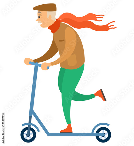 Senior person riding scooter wearing scarf vector, isolated man with hat having fun, pensioner leading active lifestyle, gray-headed character outdoor