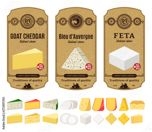 Vector vintage cheese labels and different types of cheese detailed icons