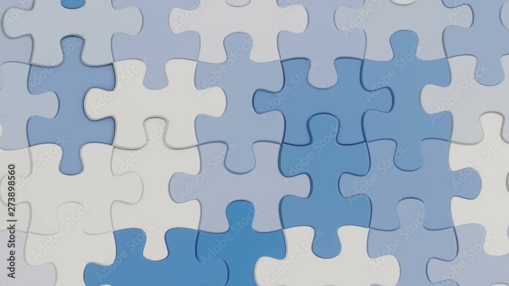 Fly over blue and white puzzle pieces where one element is missing. Animation with mask included. Fly over blue and white puzzle pieces where one element is missing. Animation with mask included.