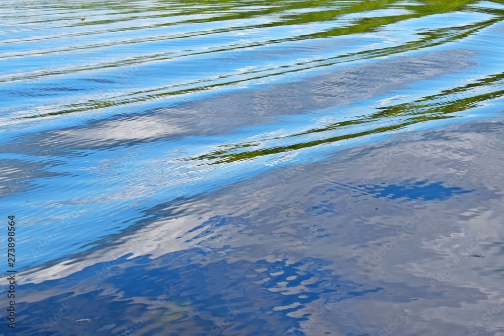 Waves on water.Reflection in the river of blue sky and white clouds. Waves on water.Reflection in the river of blue sky and white clouds.