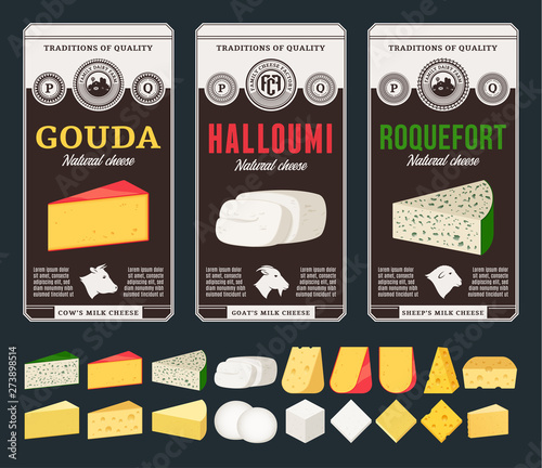 Vector cheese labels and different types of cheese detailed icons