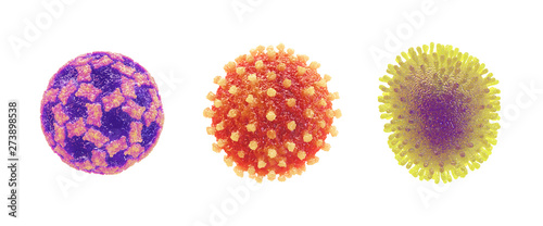 Norovirus , Hepatitis and Influenza viruses , Set of microscopic germs that cause infectious diseases , isolated on white photo