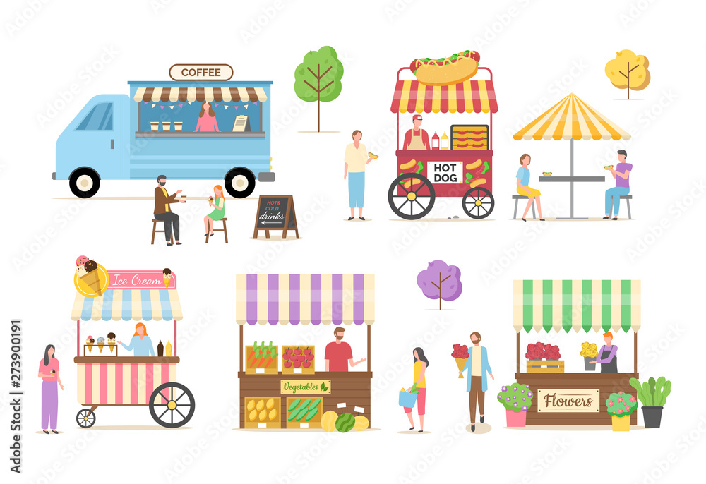 Hot dog and coffee shop vector, ice cream and flowers kiosk, vegetables market summer marketplace for customers, people eating by truck under umbrella