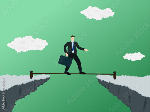 Businessman trying walk on rope through gap of cliff , vector cartoon