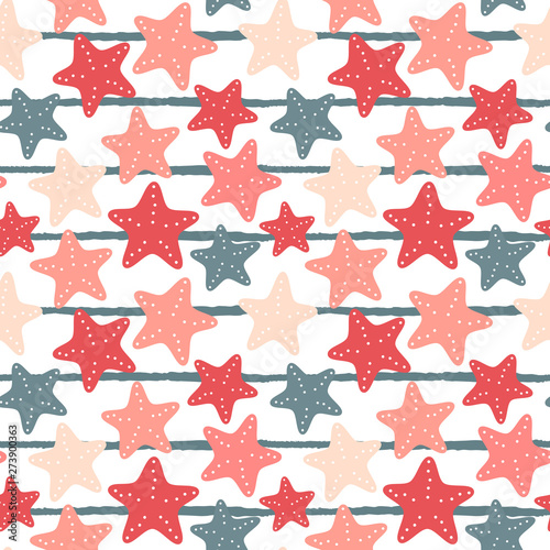 cute summer seamless vector pattern illustration with starfish on blue and white striped background