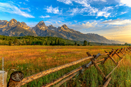 Tetons with Split rail fence photo