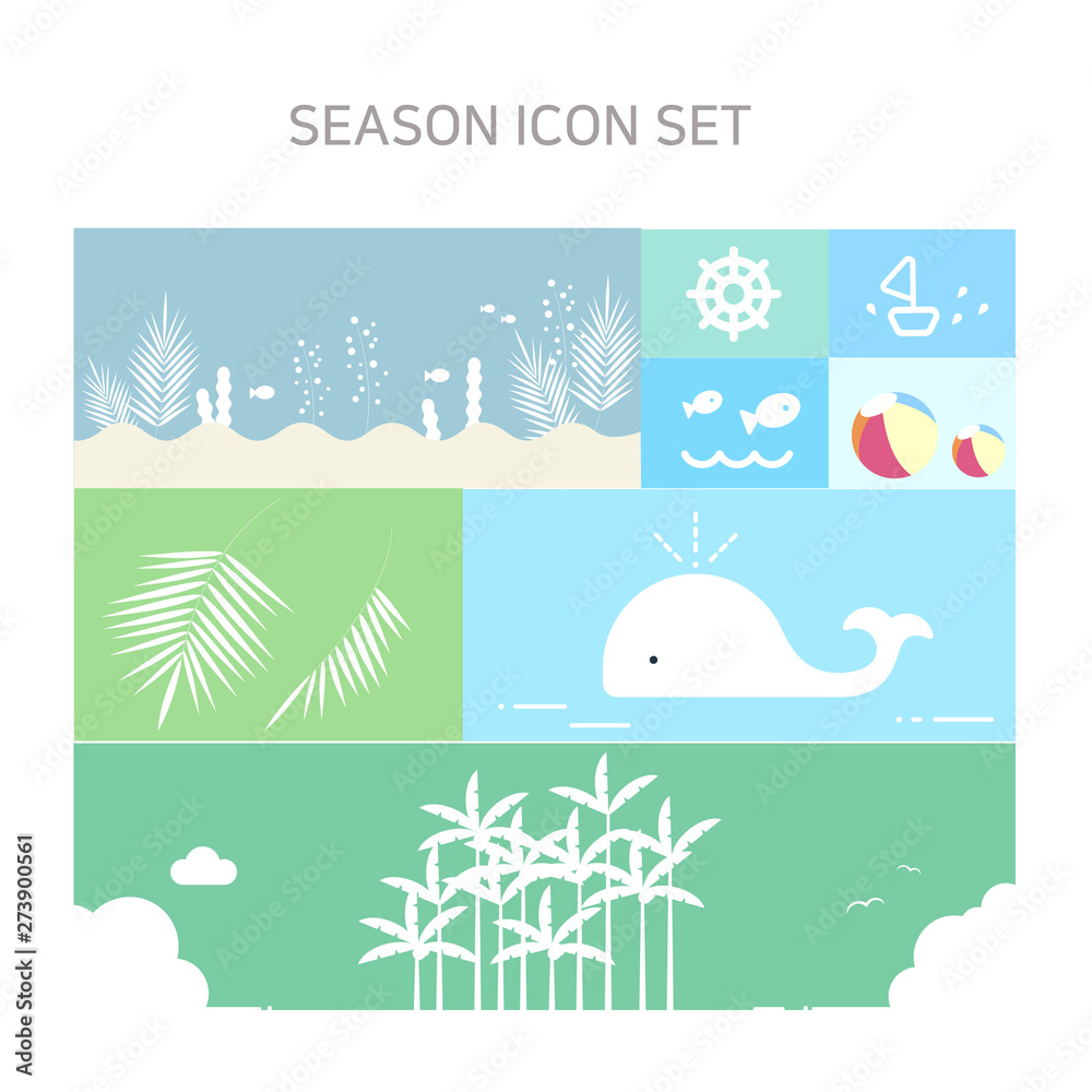 Vector illustration of summer icons for summer event, Sea, whale, marine life, marine plants, water, sea view, fish, sea, clouds, palm trees, seagulls, wavy, ship, beach, summer, event, sale.