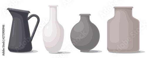 Set of vases of different shapes and colors. Objects for interior decor.