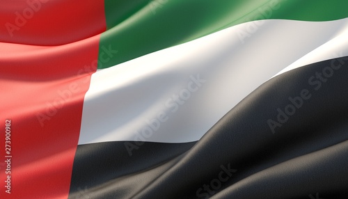 Waved highly detailed close-up flag of United Arab Emirates. 3D illustration.