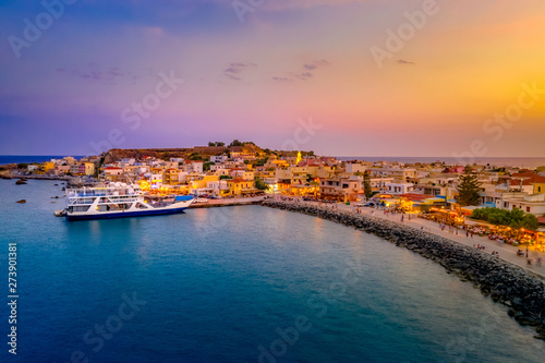 High night view of traditional village of Paleochora at sunset, Chania, Crete, Greece.
