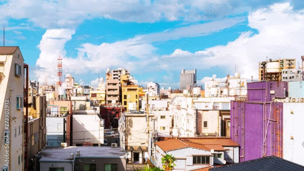 Tokyo, Japan. Skyline in the morning, sunny day in the urban area in Asakusa, Tokyo, Japan. Time-lapse of the fast moving clouds with blue sky, panning video Tokyo, Japan. Skyline in the morning, sunny day in the urban area in Asakusa, Tokyo, Japan. Time-lapse of the fast moving clouds with blue sky, panning video