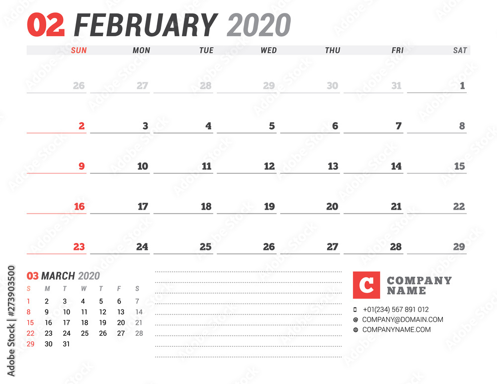 Calendar template for 2020. Business planner. Stationery design. Week starts on Sunday Calendar template for 2020. Business planner. Stationery design. Week starts on Sunday