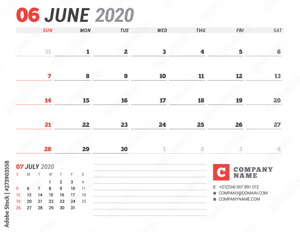 Calendar template for 2020. Business planner. Stationery design. Week starts on Sunday Calendar template for 2020. Business planner. Stationery design. Week starts on Sunday