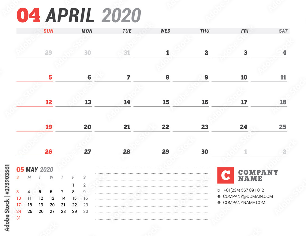 Calendar template for 2020. Business planner. Stationery design. Week starts on Sunday Calendar template for 2020. Business planner. Stationery design. Week starts on Sunday