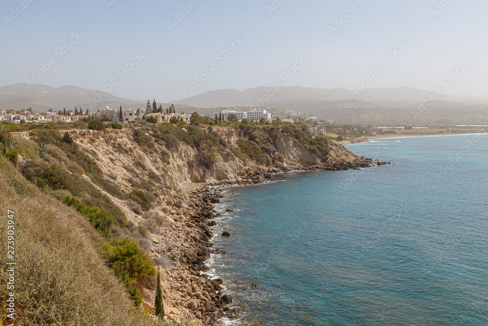 Rocky coastline of Mediterranean sea, Cyprus. Sunny summer day.