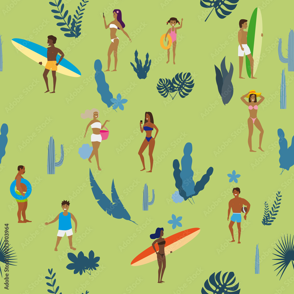 Summertime seamless pattern. People having fun on the beach, relaxing and performing summer outdoor activities at beach