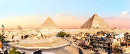 Panorama of Giza Pyramids  view from the buildings  Egypt