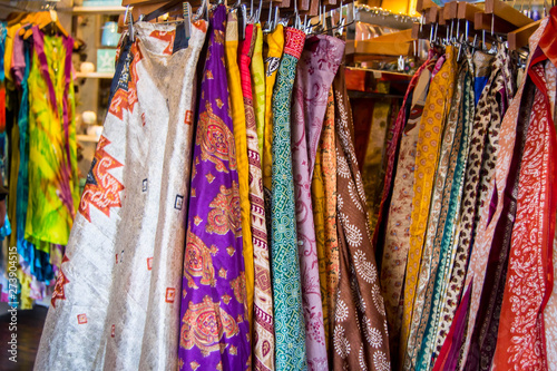 Colorful wrap skirts on a rack