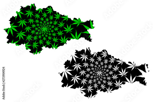 Kursk Oblast (Russia, Subjects of the Russian Federation, Oblasts of Russia) map is designed cannabis leaf green and black, Kursk Oblast map made of marijuana (marihuana,THC) foliage....