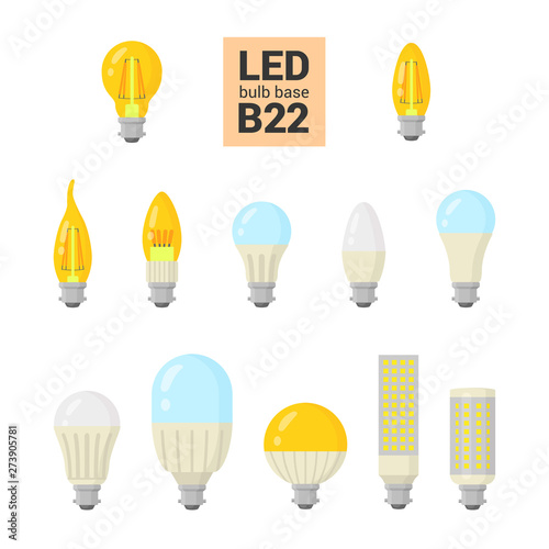 LED light bulbs with B22 base, vector colorful icon set on white background