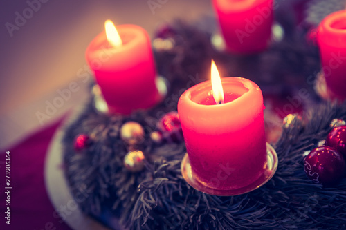 Traditional Christmas decoration  Advent wreath with red lights