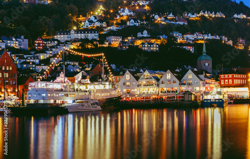 Night lights and reflections on the Old wharf of Bergen Norway