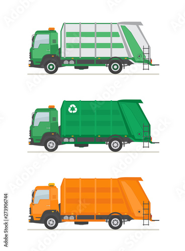 Three garbage trucks isolated on white background. Garbage  utilization equipment. Ecology and recycle concept. Flat style vector illustration.