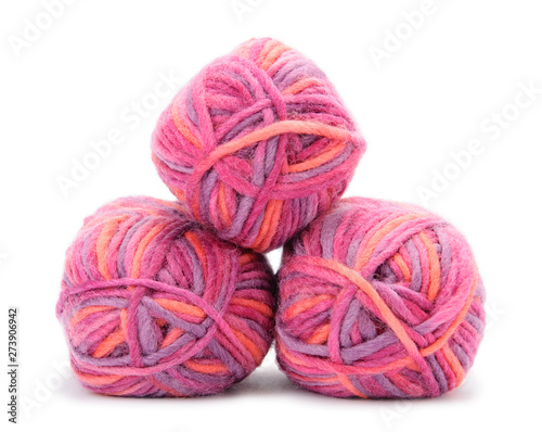 Group of hanks of colored yarns isolated on white background.
