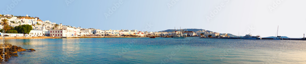 panoramic view of the harbor of Mykonos, Cyclades island in the heart of the Aegean Sea