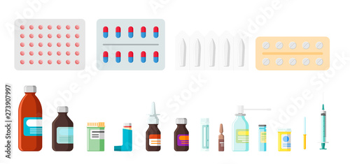 Medical pill prescription bottle pharmacy tablet drug store set. Medicine capsules and sprays flat vector illustration