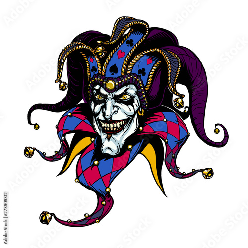 Joker. Angry jester in the cap. tattoo illustration