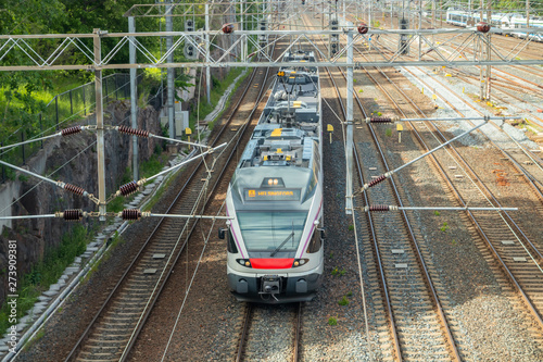 Helsinki,Finland - June 12, 2019: Wiew of Helsinki railway. Train arrives the station