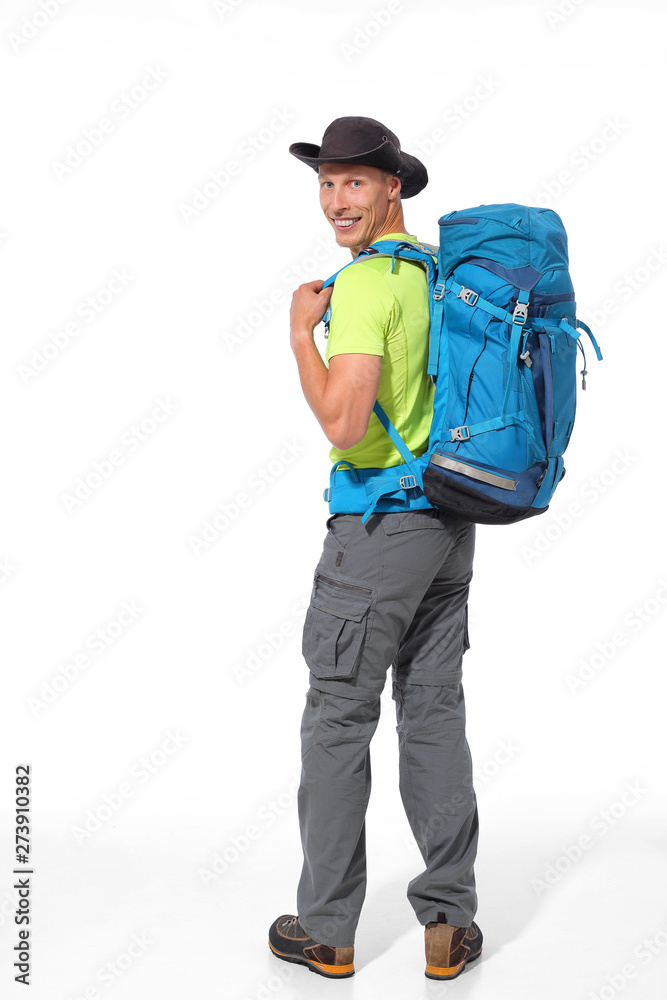 Male tourist with a backpack on a white background. Male tourist with a backpack on a white background.