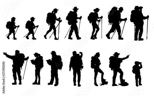 Silhouettes of travelers with backpacks set. hiking, trekking, backpacking.