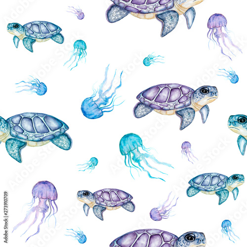 Watercolor turtles pattern. Hand drawn watercolor turtles with jelly fishes