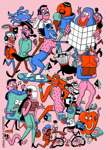 Illustration of crowd of characters in urban situations photo