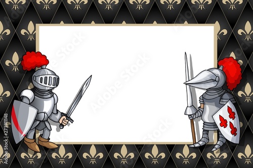 Horizontal Frame with knight with sword and shield on the medieval background