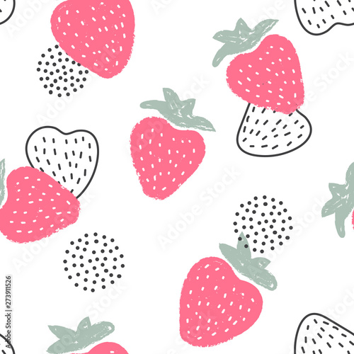 Colorful modern pattern of strawberries on white background. Strawberry top view.