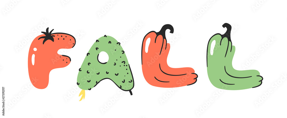 Cartoon vector illustration vegetables and fruits and word FALL. Hand drawn drawing vegetarian food. Actual Creative Vegan art work