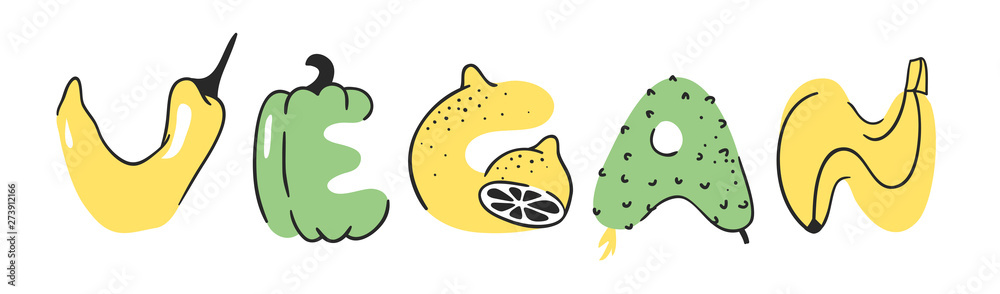 Fototapeta premium Cartoon vector illustration vegetables and fruits and word VEGAN. Hand drawn drawing vegetarian food. Actual Creative Vegan art work