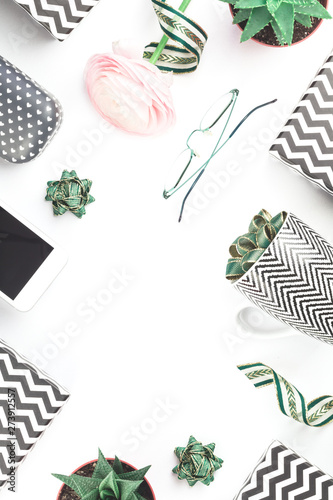 Wallpaper Mural Black and white chevron gift boxes with green bows isolated on white with flower and coffee mug. Christmas, Valentine, Fathers Day celebration, black friday, shopping or blogger desk background Torontodigital.ca