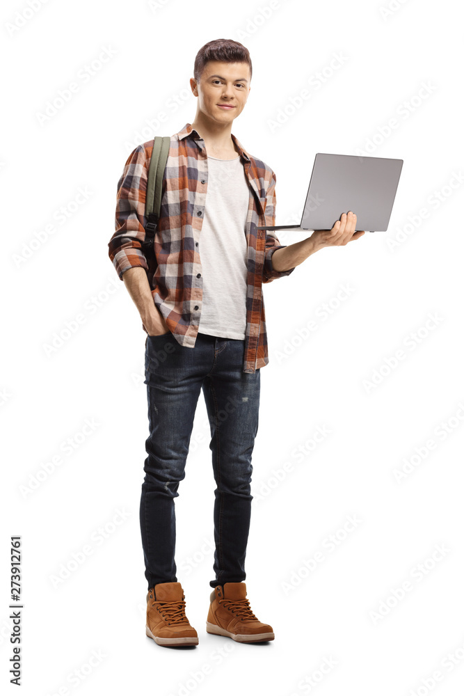 Male student holding a laptop computer and looking at the camera Male student holding a laptop computer and looking at the camera