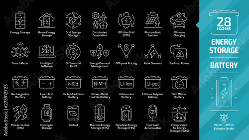 Energy storage outline icon set on a black background with distributed generation grid, electric vehicles home charging, lead acid, nickel and lithium ion battery and more editable stroke line signs.