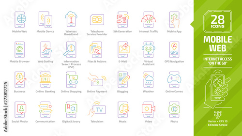 Mobile web color icon set with internet access "on the go" or "on the move" outline pictogram: smart phone, wireless network, 5G tech, hand with smartphone, m-commerce editable stroke line signs.
