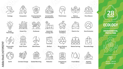 Ecology outline icon set with eco city, green technology, renewable energy, environmental protection, sustainable development, nature conservation, electric car & Earth editable stroke line symbols.