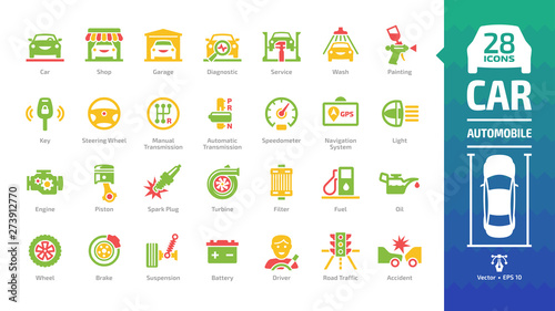 Car color icon set with basic automotive symbols: automobile, auto service, wash & shop, vehicle repair, wheel & tyre, oil & fuel, motor engine, suspension, driver, accident and more glyph pictograms.