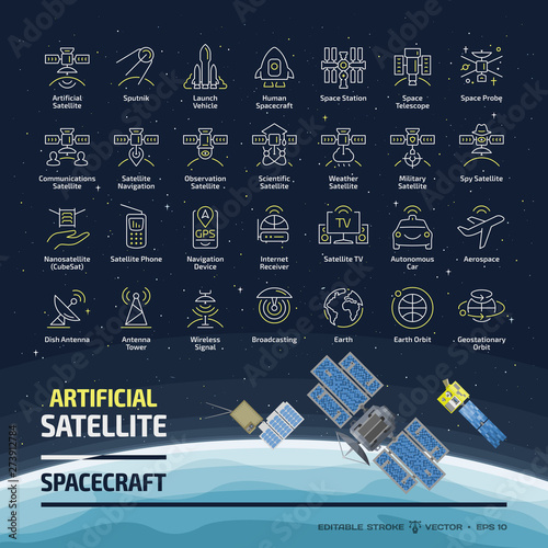 Satellite outline icon set with flat spacecraft, cubesat, dish and tower antenna, space station, earth orbit, wireless communication tech, GPS navigation signal editable stroke line signs.