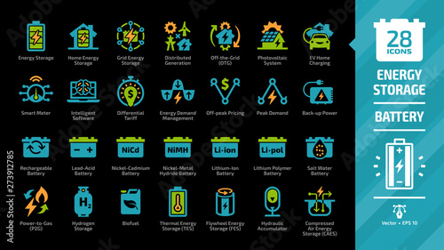 Energy storage color icon set on a black background with distributed generation, solar panel system, off the grid, EV home charging, demand management, rechargeable battery and more glyph symbols.