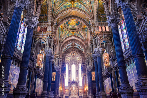 LYON, FRANCE - JUNE 13, 2019 : The Basilica Notre Dame de Fourviere, built between 1872 and 1884, located in Lyon, France.