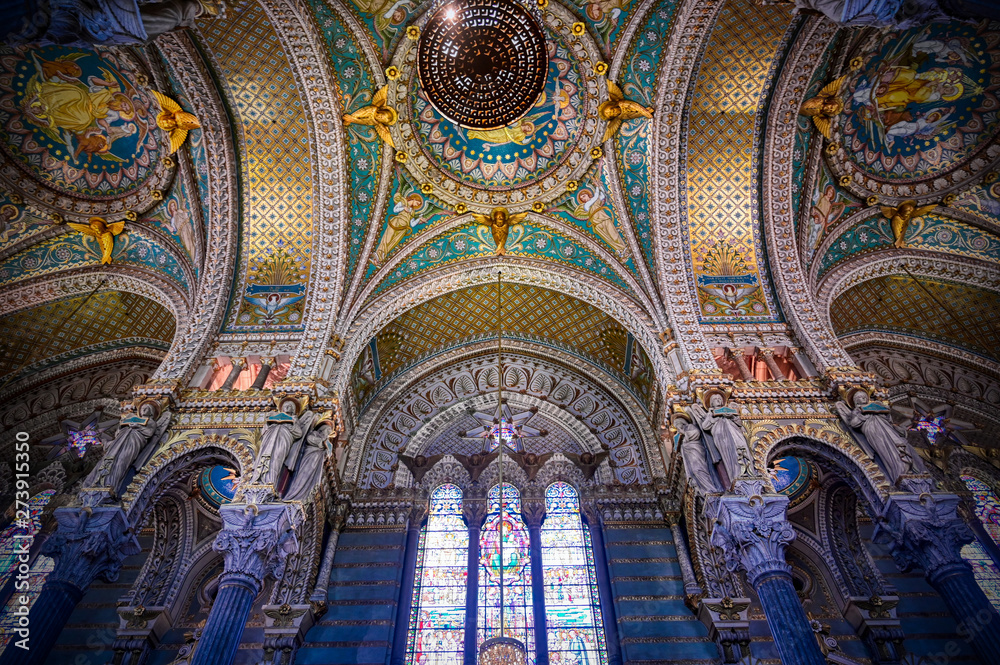 LYON, FRANCE -  JUNE 13, 2019 : The Basilica Notre Dame de Fourviere, built between 1872 and 1884, located in Lyon, France.